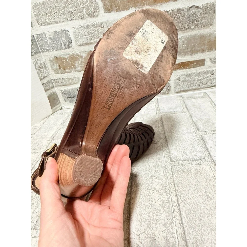 Pikolinos Java Leather Gladiator Heel Sandals Brown Stitch Mid Heel EU 37-6.5-7